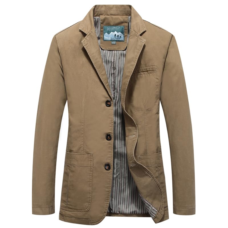 Khaki # Men's slim fit casual blazer sport coat, single-breasted 2-button jacket with notched lapels and lightly padded shoulders, versatile khaki autumn blazer for business, office, school and daily wear, isolated on white background.