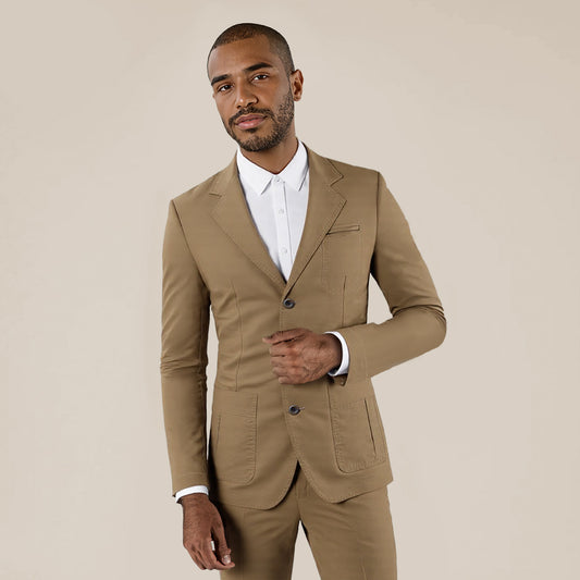 Khaki # Men's slim fit casual blazer sport coat, single-breasted 2-button jacket with notched lapels and lightly padded shoulders, versatile khaki autumn blazer for business, office, school and daily wear, isolated on white background.