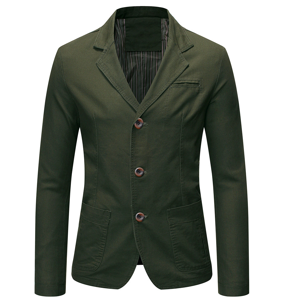 Army Green # Men's slim fit casual blazer, 2-button single-breasted sport coat with notched lapel and lightly padded shoulders, versatile army green jacket for business, office, school and daily wear, isolated on white background.