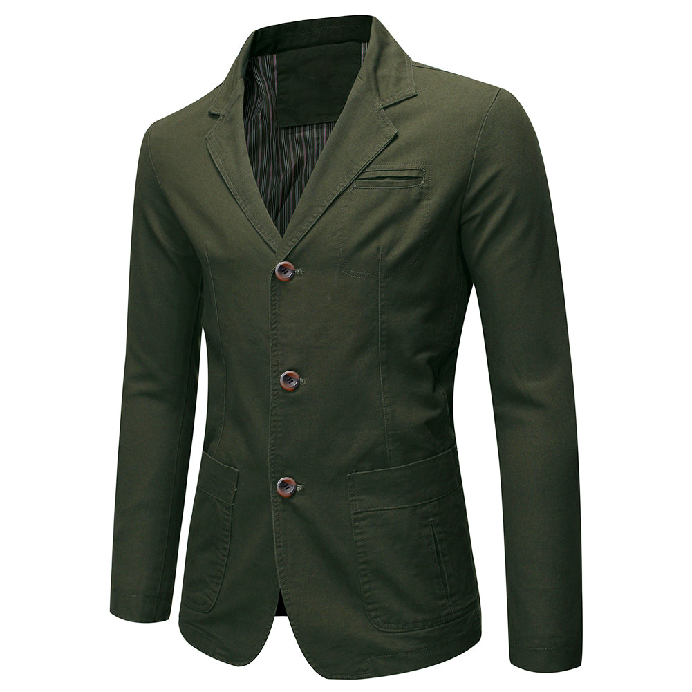 Army Green # Men's slim fit casual blazer, 2-button single-breasted sport coat with notched lapel and lightly padded shoulders, versatile army green jacket for business, office, school and daily wear, isolated on white background.