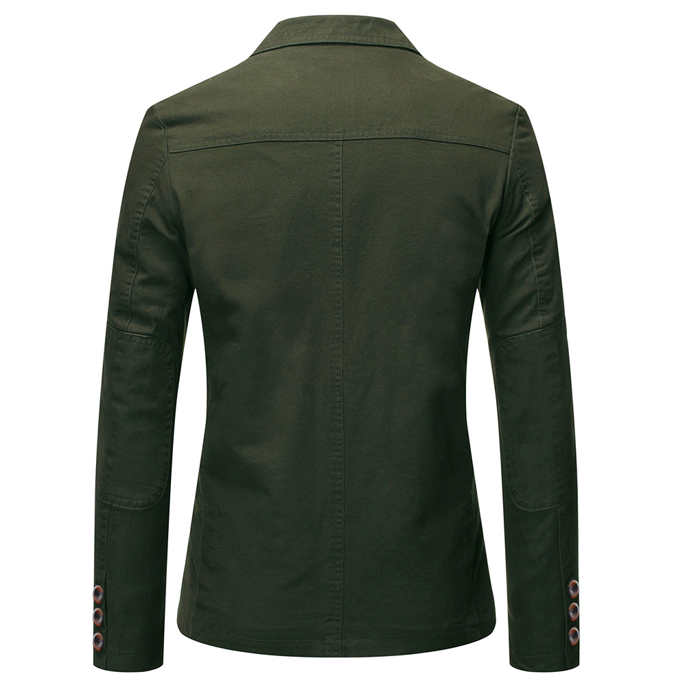 Army Green # Men's slim fit casual blazer, 2-button single-breasted sport coat with notched lapel and lightly padded shoulders, versatile army green jacket for business, office, school and daily wear, isolated on white background.