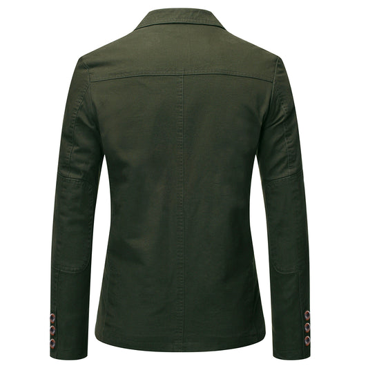 Army Green # Men's slim fit casual blazer, 2-button single-breasted sport coat with notched lapel and lightly padded shoulders, versatile army green jacket for business, office, school and daily wear, isolated on white background.