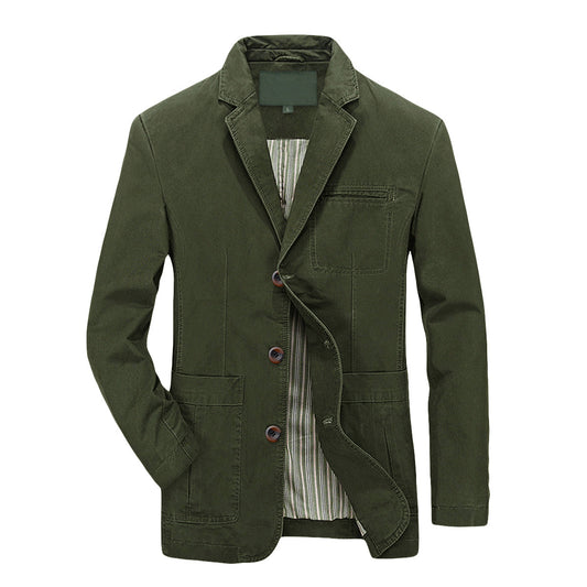 Army Green # Men's slim fit casual blazer, 2-button single-breasted sport coat with notched lapel and lightly padded shoulders, versatile army green jacket for business, office, school and daily wear, isolated on white background.