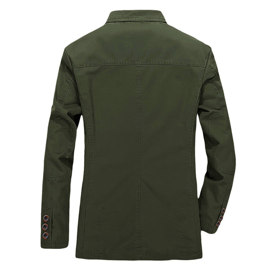 Army Green # Men's slim fit casual blazer, 2-button single-breasted sport coat with notched lapel and lightly padded shoulders, versatile army green jacket for business, office, school and daily wear, isolated on white background.