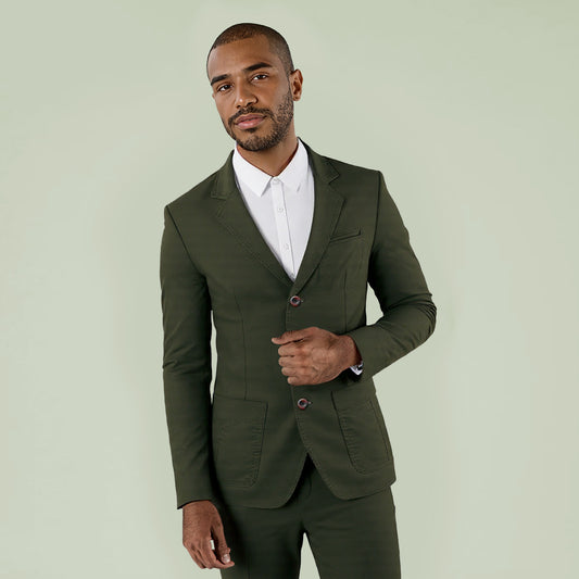 Army Green # Men's slim fit casual blazer, 2-button single-breasted sport coat with notched lapel and lightly padded shoulders, versatile army green jacket for business, office, school and daily wear, isolated on white background.