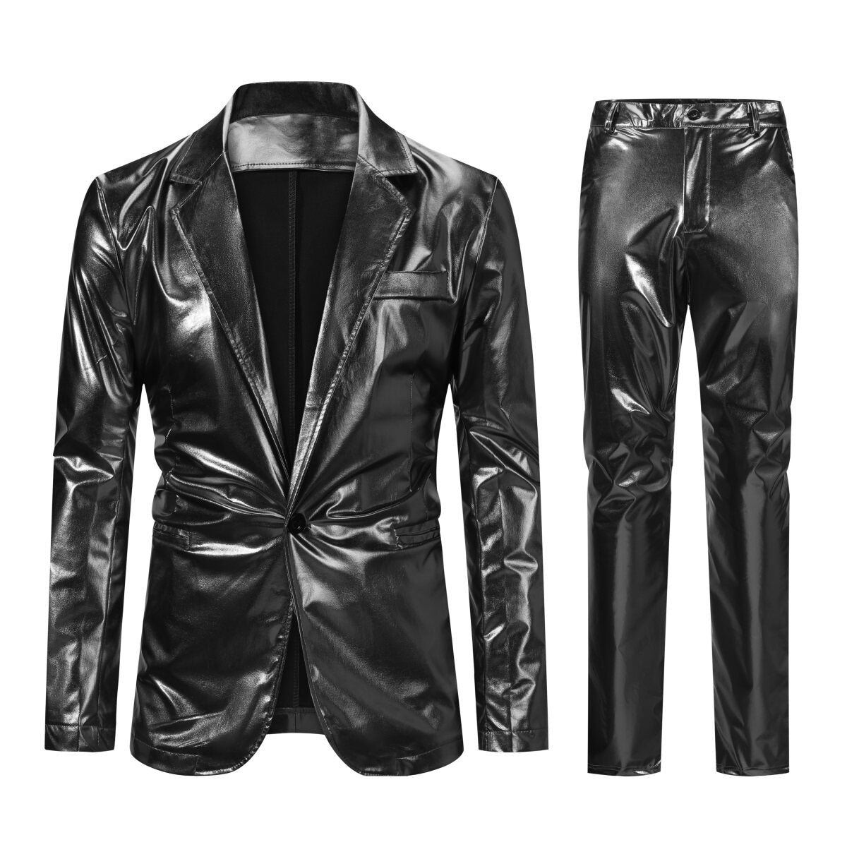 Black # Men's slim fit 2-piece stand collar glitter suit with one-button closure and shawl collar, black sparkling formal blazer jacket with fully lined interior and matching flat-front trousers for party, wedding, prom and special occasions, isolated on white background.