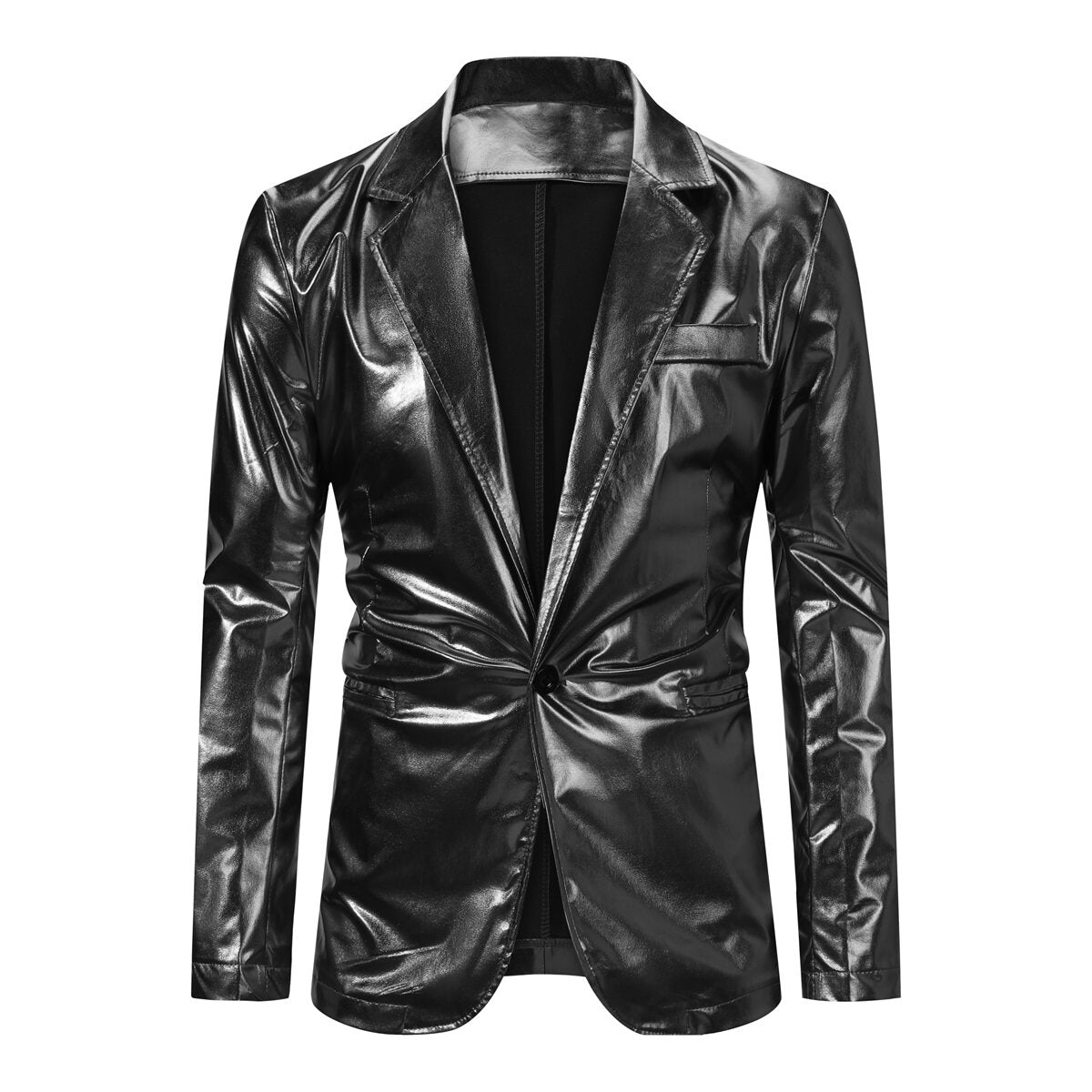 Black # Men's slim fit 2-piece stand collar glitter suit with one-button closure and shawl collar, black sparkling formal blazer jacket with fully lined interior and matching flat-front trousers for party, wedding, prom and special occasions, isolated on white background.