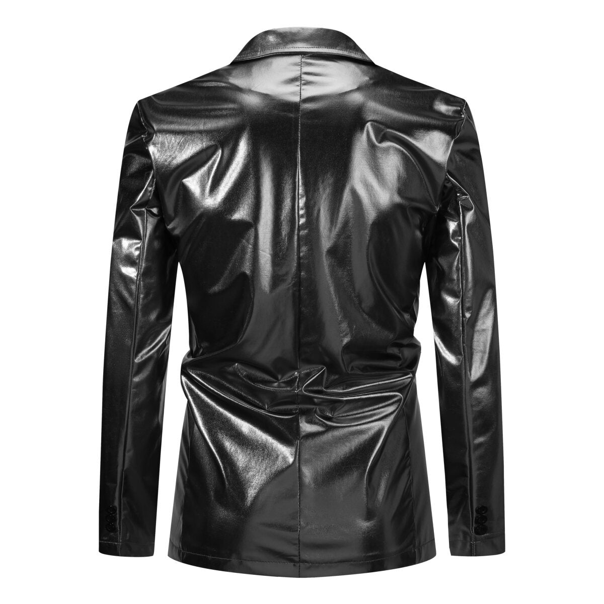 Black # Men's slim fit 2-piece stand collar glitter suit with one-button closure and shawl collar, black sparkling formal blazer jacket with fully lined interior and matching flat-front trousers for party, wedding, prom and special occasions, isolated on white background.