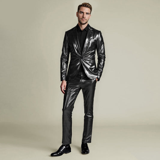 Black # Men's slim fit 2-piece stand collar glitter suit with one-button closure and shawl collar, black sparkling formal blazer jacket with fully lined interior and matching flat-front trousers for party, wedding, prom and special occasions, isolated on white background.
