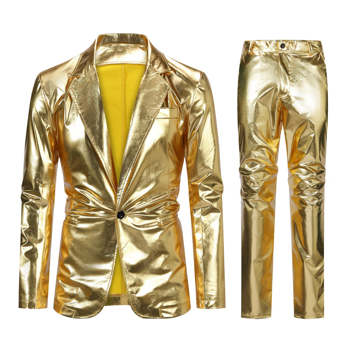 Gold # Men's slim fit 2-piece stand collar glitter suit with one-button closure and shawl collar, golden sparkle formal blazer jacket with fully lined interior and matching flat-front trousers for party, prom, wedding and stage performance, isolated on white background.