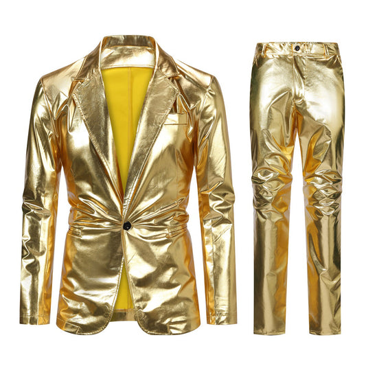 Gold # Men's slim fit 2-piece stand collar glitter suit with one-button closure and shawl collar, golden sparkle formal blazer jacket with fully lined interior and matching flat-front trousers for party, prom, wedding and stage performance, isolated on white background.