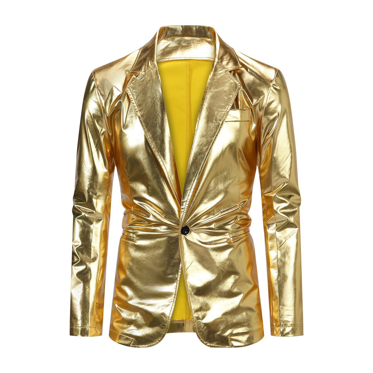 Gold # Men's slim fit 2-piece stand collar glitter suit with one-button closure and shawl collar, golden sparkle formal blazer jacket with fully lined interior and matching flat-front trousers for party, prom, wedding and stage performance, isolated on white background.