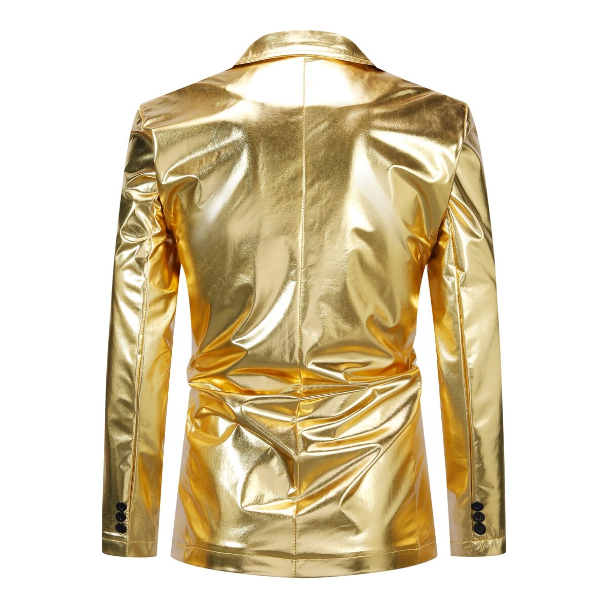 Gold # Men's slim fit 2-piece stand collar glitter suit with one-button closure and shawl collar, golden sparkle formal blazer jacket with fully lined interior and matching flat-front trousers for party, prom, wedding and stage performance, isolated on white background.