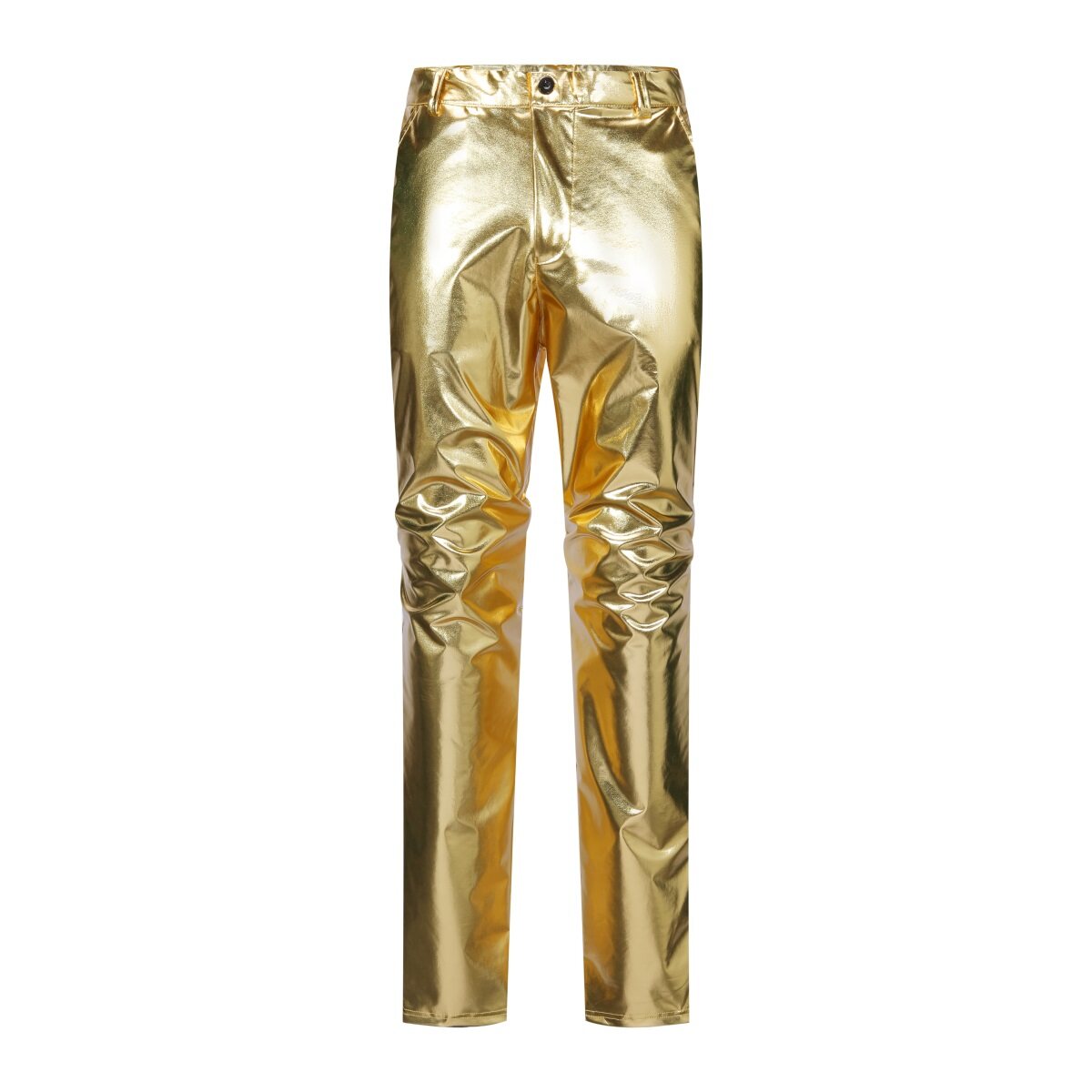 Gold # Men's slim fit 2-piece stand collar glitter suit with one-button closure and shawl collar, golden sparkle formal blazer jacket with fully lined interior and matching flat-front trousers for party, prom, wedding and stage performance, isolated on white background.