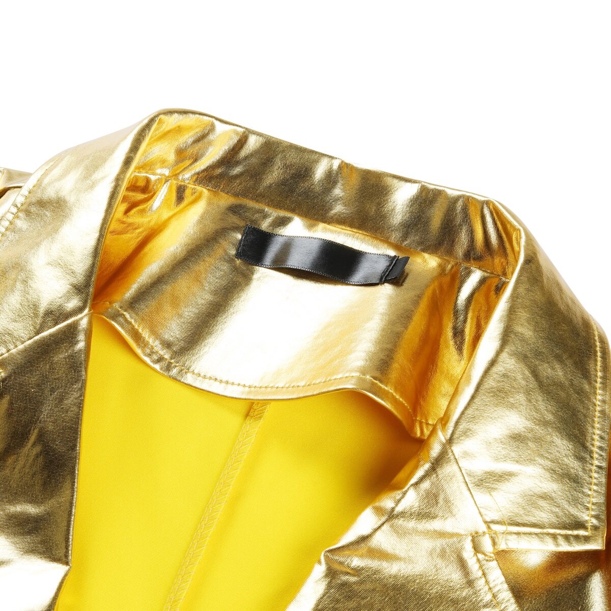 Gold # Men's slim fit 2-piece stand collar glitter suit with one-button closure and shawl collar, golden sparkle formal blazer jacket with fully lined interior and matching flat-front trousers for party, prom, wedding and stage performance, isolated on white background.