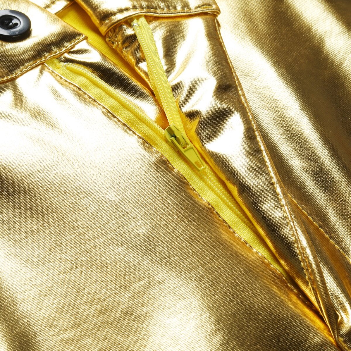 Gold # Men's slim fit 2-piece stand collar glitter suit with one-button closure and shawl collar, golden sparkle formal blazer jacket with fully lined interior and matching flat-front trousers for party, prom, wedding and stage performance, isolated on white background.