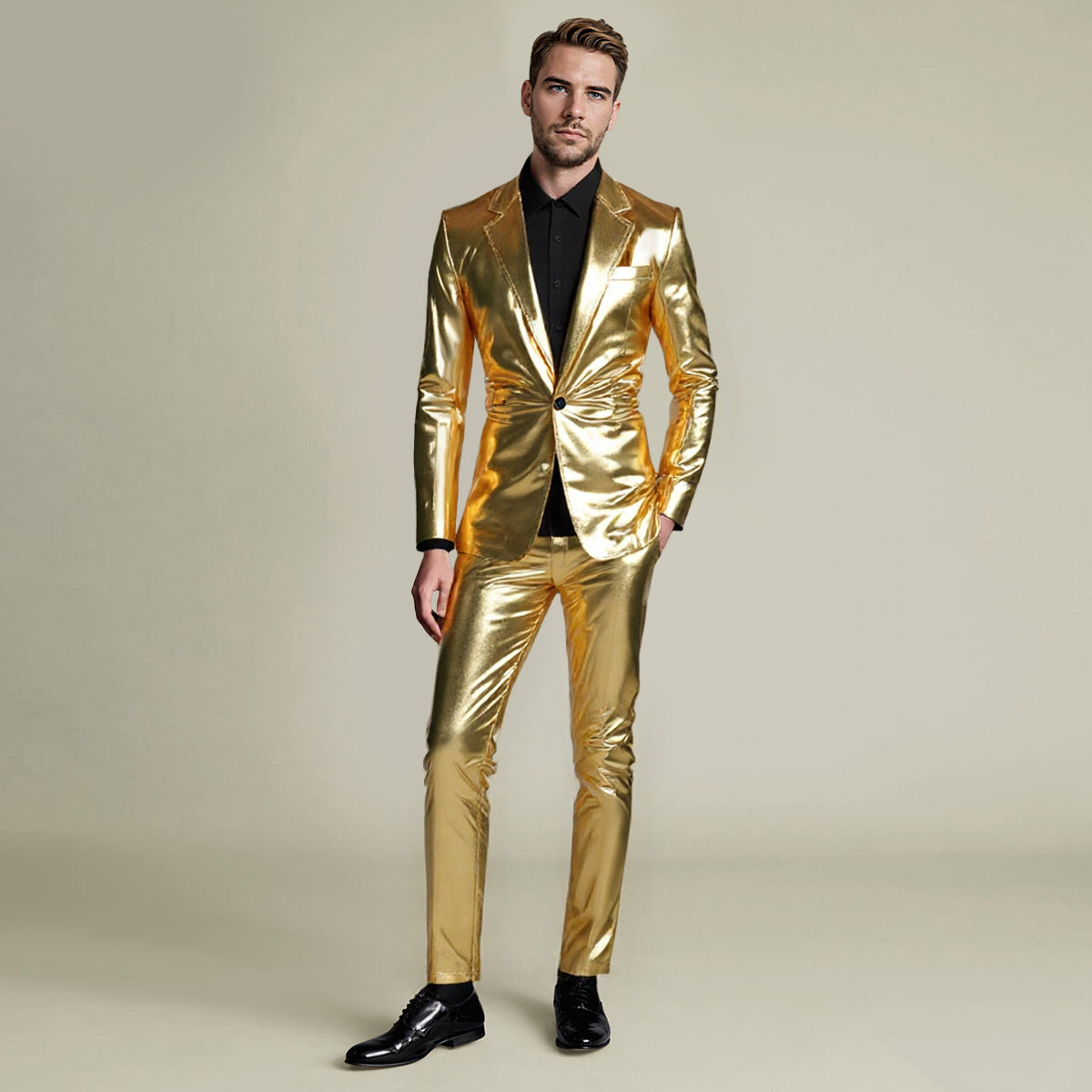 Gold # Men's slim fit 2-piece stand collar glitter suit with one-button closure and shawl collar, golden sparkle formal blazer jacket with fully lined interior and matching flat-front trousers for party, prom, wedding and stage performance, isolated on white background.
