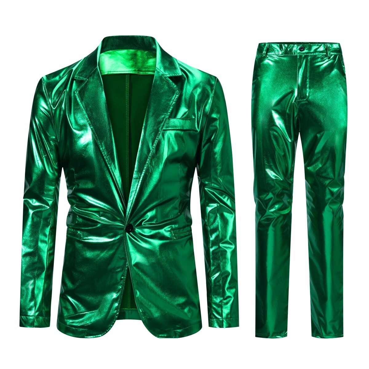 Green # Men's 2-piece stand collar one-button glitter suit with shawl collar and slim fit, solid green sparkle formal blazer jacket with fully lined interior and matching flat-front trousers for party, wedding, prom and special occasions, isolated on white background.