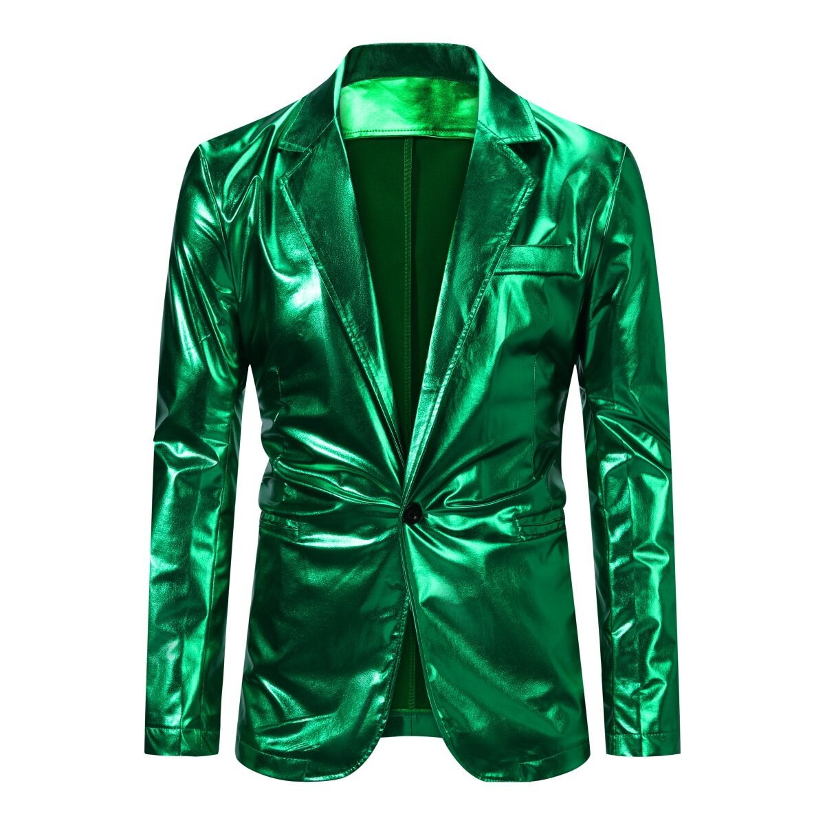 Green # Men's 2-piece stand collar one-button glitter suit with shawl collar and slim fit, solid green sparkle formal blazer jacket with fully lined interior and matching flat-front trousers for party, wedding, prom and special occasions, isolated on white background.