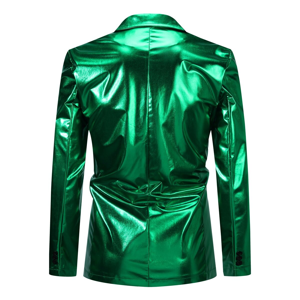 Green # Men's 2-piece stand collar one-button glitter suit with shawl collar and slim fit, solid green sparkle formal blazer jacket with fully lined interior and matching flat-front trousers for party, wedding, prom and special occasions, isolated on white background.