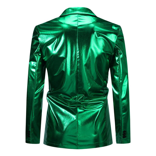 Green # Men's 2-piece stand collar one-button glitter suit with shawl collar and slim fit, solid green sparkle formal blazer jacket with fully lined interior and matching flat-front trousers for party, wedding, prom and special occasions, isolated on white background.