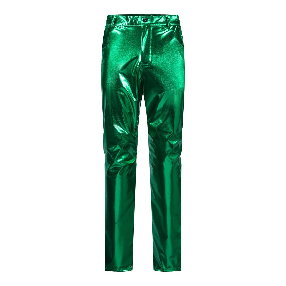 Green # Men's 2-piece stand collar one-button glitter suit with shawl collar and slim fit, solid green sparkle formal blazer jacket with fully lined interior and matching flat-front trousers for party, wedding, prom and special occasions, isolated on white background.