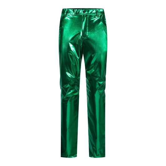 Green # Men's 2-piece stand collar one-button glitter suit with shawl collar and slim fit, solid green sparkle formal blazer jacket with fully lined interior and matching flat-front trousers for party, wedding, prom and special occasions, isolated on white background.