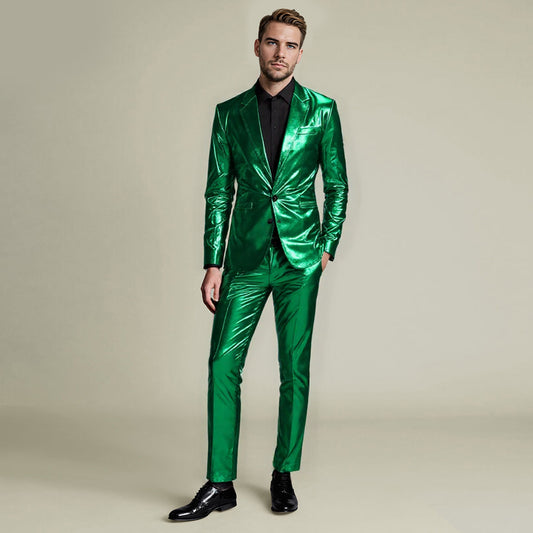Green # Men's 2-piece stand collar one-button glitter suit with shawl collar and slim fit, solid green sparkle formal blazer jacket with fully lined interior and matching flat-front trousers for party, wedding, prom and special occasions, isolated on white background.