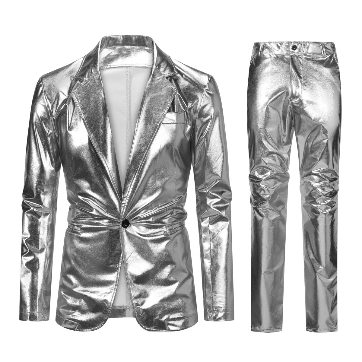 Silver # Men's 2-piece stand collar one-button glitter suit, slim fit single-breasted blazer jacket with shawl collar and fully lined, sparkling silver formal wear with matching flat-front trousers for party, wedding, prom and special occasions, isolated on white background.