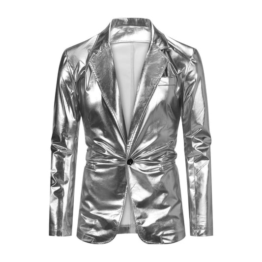 Silver # Men's 2-piece stand collar one-button glitter suit, slim fit single-breasted blazer jacket with shawl collar and fully lined, sparkling silver formal wear with matching flat-front trousers for party, wedding, prom and special occasions, isolated on white background.