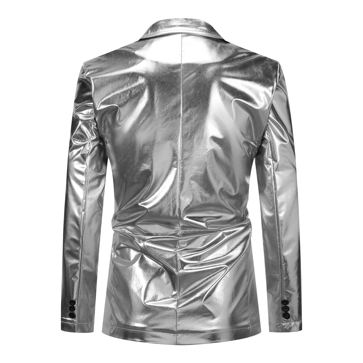 Silver # Men's 2-piece stand collar one-button glitter suit, slim fit single-breasted blazer jacket with shawl collar and fully lined, sparkling silver formal wear with matching flat-front trousers for party, wedding, prom and special occasions, isolated on white background.