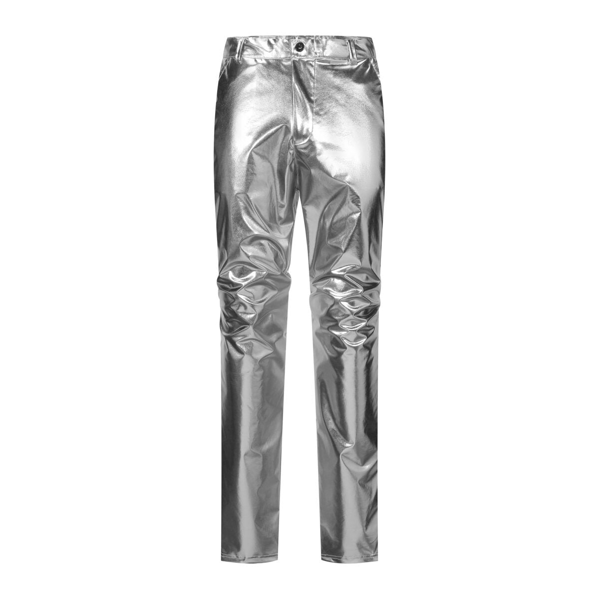 Silver # Men's 2-piece stand collar one-button glitter suit, slim fit single-breasted blazer jacket with shawl collar and fully lined, sparkling silver formal wear with matching flat-front trousers for party, wedding, prom and special occasions, isolated on white background.