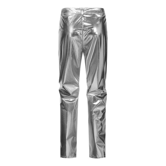 Silver # Men's 2-piece stand collar one-button glitter suit, slim fit single-breasted blazer jacket with shawl collar and fully lined, sparkling silver formal wear with matching flat-front trousers for party, wedding, prom and special occasions, isolated on white background.