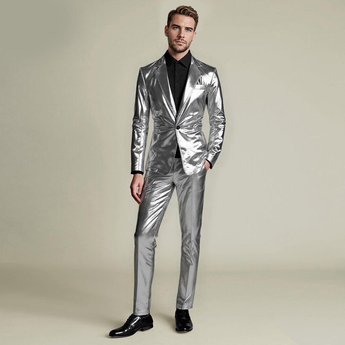 Silver # Men's 2-piece stand collar one-button glitter suit, slim fit single-breasted blazer jacket with shawl collar and fully lined, sparkling silver formal wear with matching flat-front trousers for party, wedding, prom and special occasions, isolated on white background.