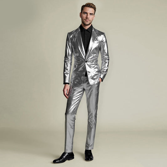 Silver # Men's 2-piece stand collar one-button glitter suit, slim fit single-breasted blazer jacket with shawl collar and fully lined, sparkling silver formal wear with matching flat-front trousers for party, wedding, prom and special occasions, isolated on white background.