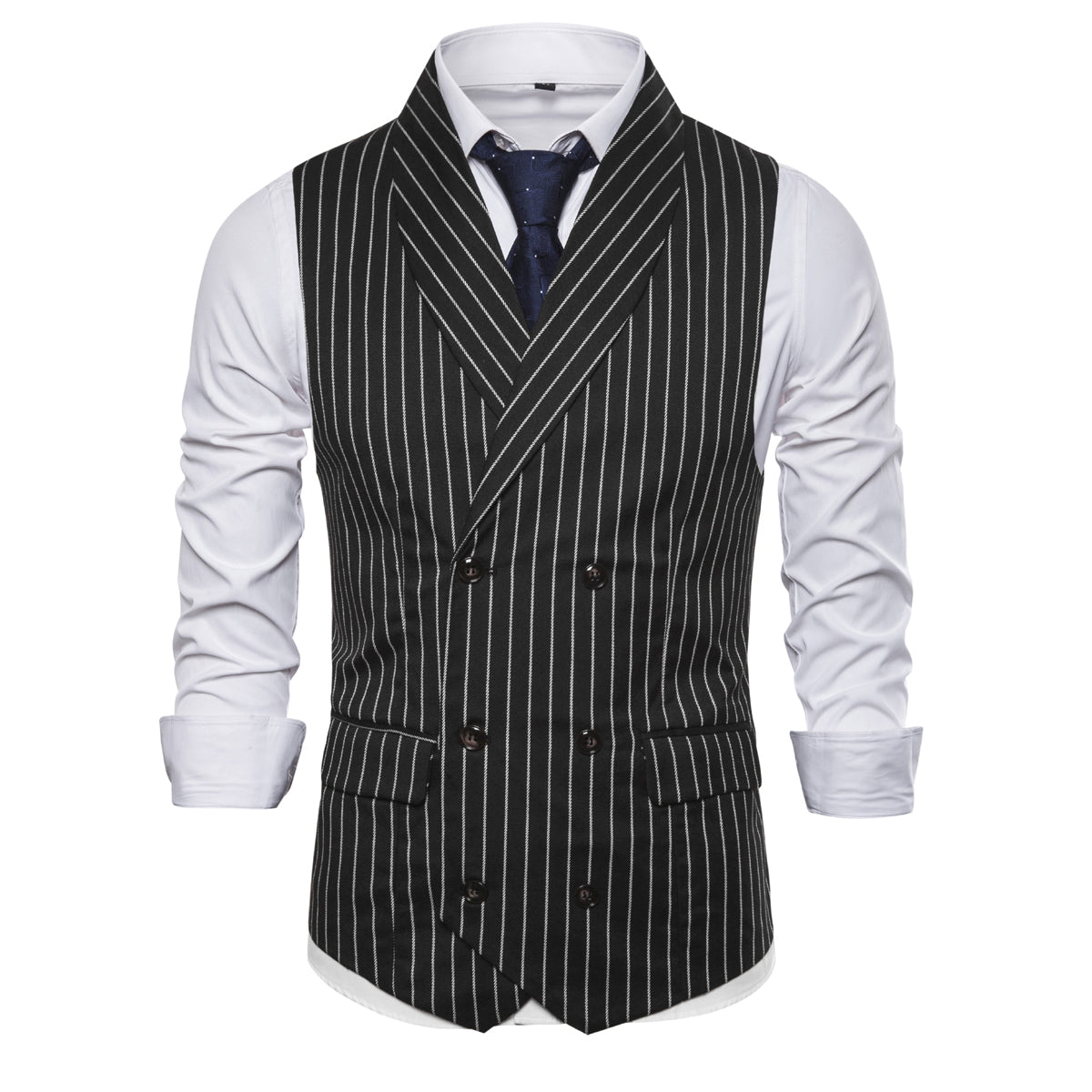 Black # Men's slim fit double-breasted striped shawl collar casual vest, lightweight breathable polyester waistcoat with adjustable back tie and buckle, structured shoulders and 3D cutting for daily business, office, wedding and party wear, isolated on white background.