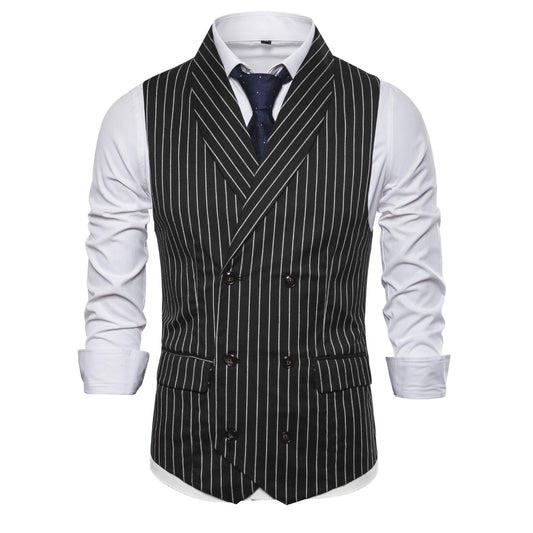 Black # Men's slim fit double-breasted striped shawl collar casual vest, lightweight breathable polyester waistcoat with adjustable back tie and buckle, structured shoulders and 3D cutting for daily business, office, wedding and party wear, isolated on white background.