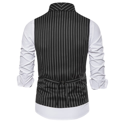 Black # Men's slim fit double-breasted striped shawl collar casual vest, lightweight breathable polyester waistcoat with adjustable back tie and buckle, structured shoulders and 3D cutting for daily business, office, wedding and party wear, isolated on white background.