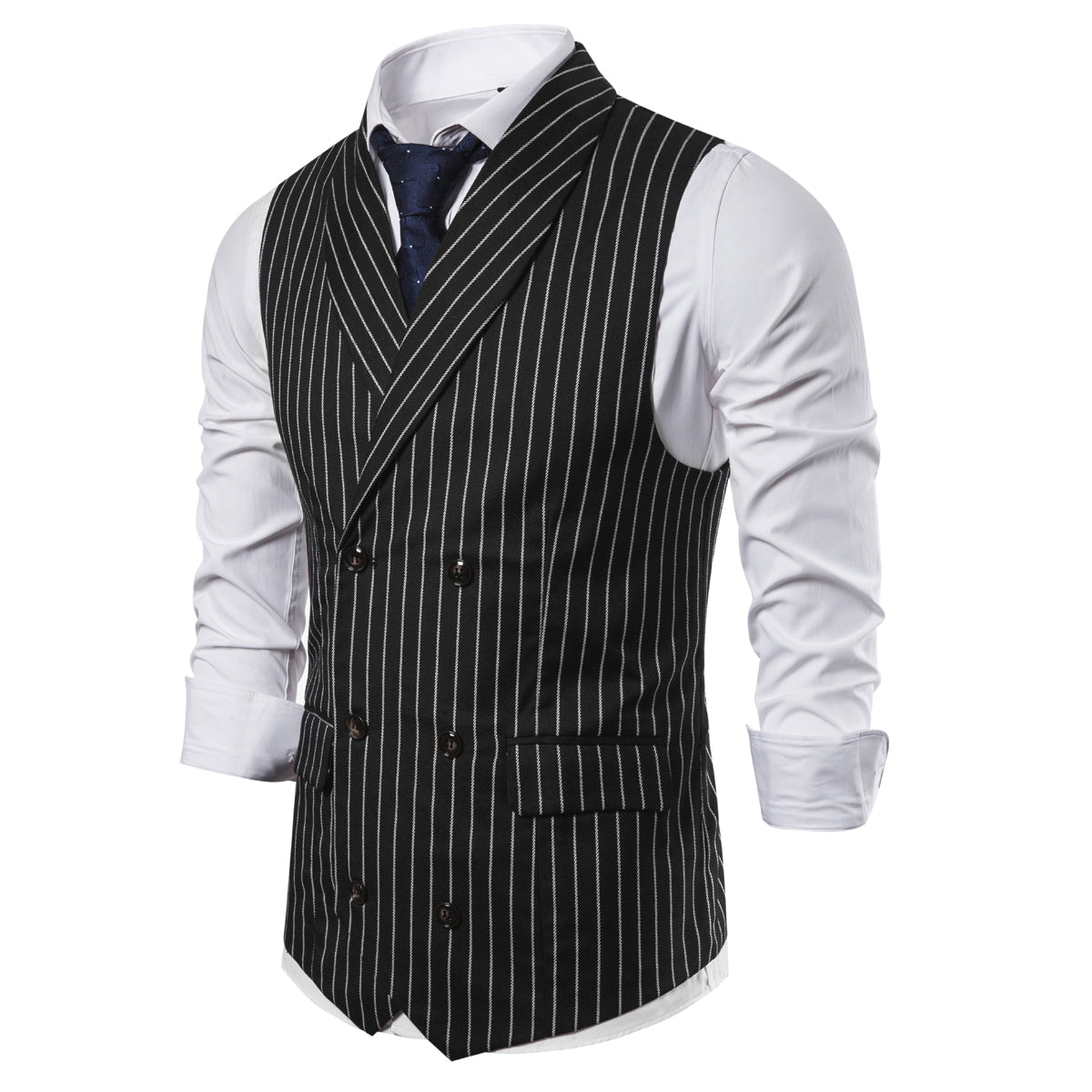 Black # Men's slim fit double-breasted striped shawl collar casual vest, lightweight breathable polyester waistcoat with adjustable back tie and buckle, structured shoulders and 3D cutting for daily business, office, wedding and party wear, isolated on white background.