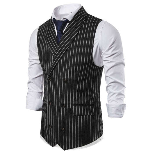 Black # Men's slim fit double-breasted striped shawl collar casual vest, lightweight breathable polyester waistcoat with adjustable back tie and buckle, structured shoulders and 3D cutting for daily business, office, wedding and party wear, isolated on white background.