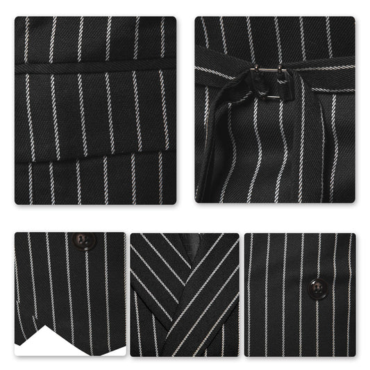 Black # Men's slim fit double-breasted striped shawl collar casual vest, lightweight breathable polyester waistcoat with adjustable back tie and buckle, structured shoulders and 3D cutting for daily business, office, wedding and party wear, isolated on white background.