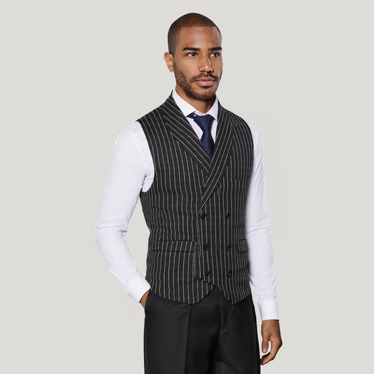 Black # Men's slim fit double-breasted striped shawl collar casual vest, lightweight breathable polyester waistcoat with adjustable back tie and buckle, structured shoulders and 3D cutting for daily business, office, wedding and party wear, isolated on white background.