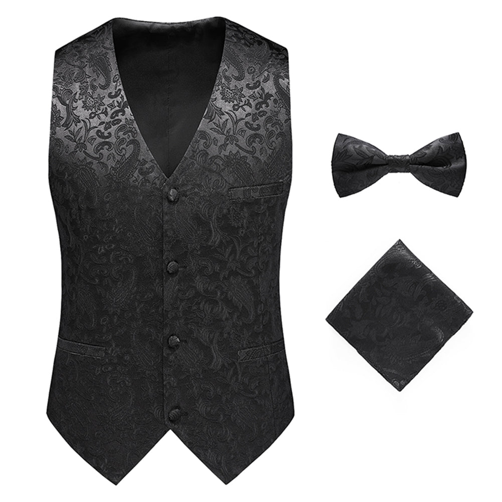 Black # Men's slim fit double-breasted brocade vest with notched lapel and paisley embroidery, elegant black formal suit vest with back vent and 4-button closure, includes matching bow tie and pocket square for wedding, prom, party, banquet and special occasions, isolated on white background.