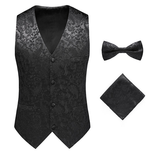 Black # Men's slim fit double-breasted brocade vest with notched lapel and paisley embroidery, elegant black formal suit vest with back vent and 4-button closure, includes matching bow tie and pocket square for wedding, prom, party, banquet and special occasions, isolated on white background.