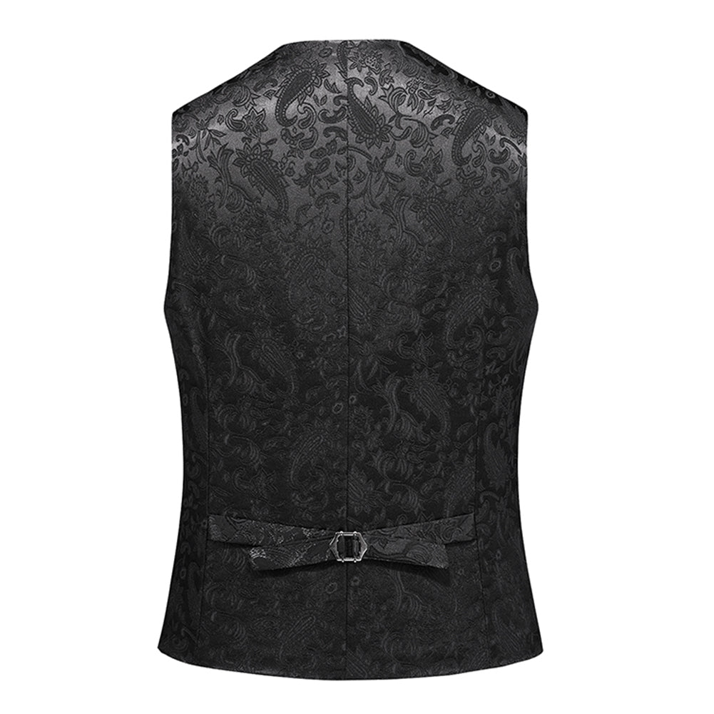 Black # Men's slim fit double-breasted brocade vest with notched lapel and paisley embroidery, elegant black formal suit vest with back vent and 4-button closure, includes matching bow tie and pocket square for wedding, prom, party, banquet and special occasions, isolated on white background.