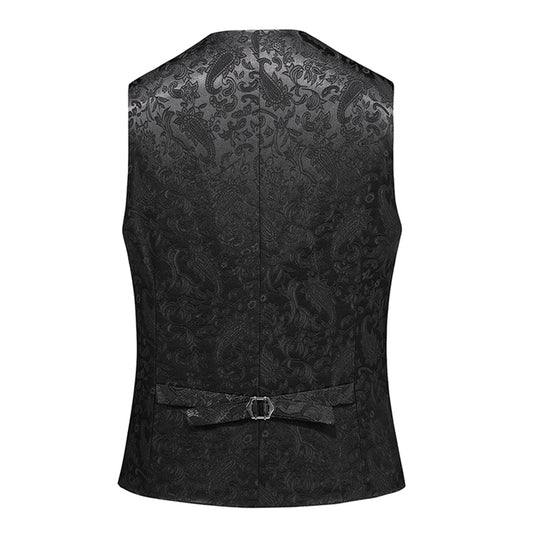 Black # Men's slim fit double-breasted brocade vest with notched lapel and paisley embroidery, elegant black formal suit vest with back vent and 4-button closure, includes matching bow tie and pocket square for wedding, prom, party, banquet and special occasions, isolated on white background.