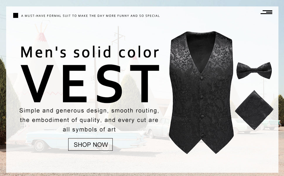 Black # Men's slim fit double-breasted brocade vest with notched lapel and paisley embroidery, elegant black formal suit vest with back vent and 4-button closure, includes matching bow tie and pocket square for wedding, prom, party, banquet and special occasions, isolated on white background.