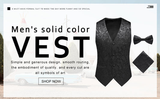 Black # Men's slim fit double-breasted brocade vest with notched lapel and paisley embroidery, elegant black formal suit vest with back vent and 4-button closure, includes matching bow tie and pocket square for wedding, prom, party, banquet and special occasions, isolated on white background.