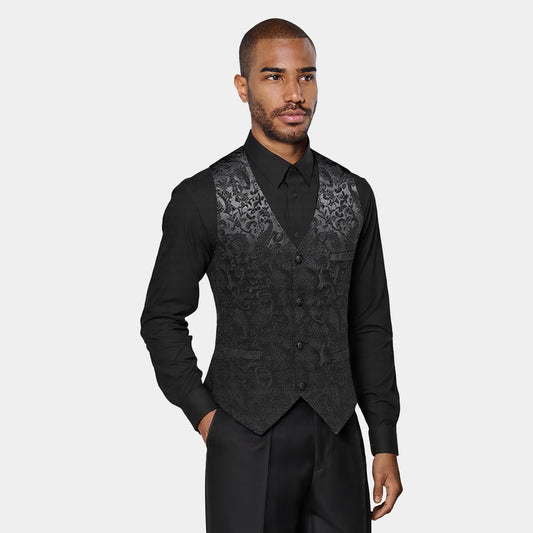 Black # Men's slim fit double-breasted brocade vest with notched lapel and paisley embroidery, elegant black formal suit vest with back vent and 4-button closure, includes matching bow tie and pocket square for wedding, prom, party, banquet and special occasions, isolated on white background.