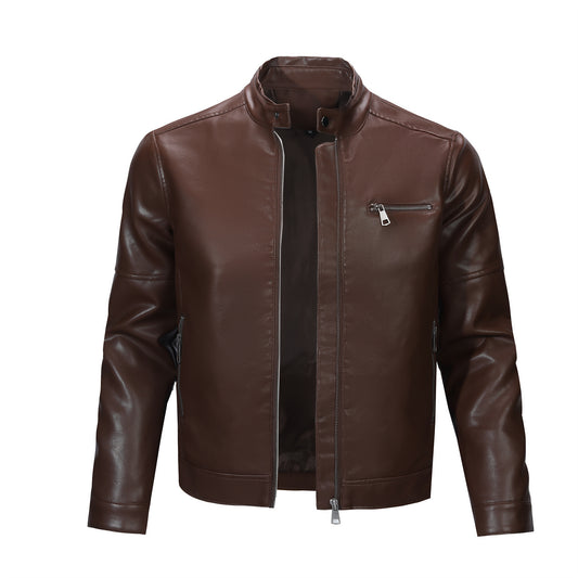 Brown # Men's casual zip-up leather motorcycle jacket with multi-pocket design, brown solid color moto outwear with smooth lines and breathable comfort for daily riding, streetwear and casual outings, isolated on white background.